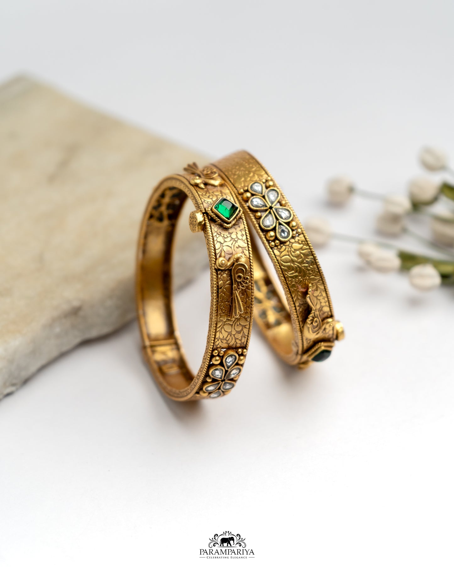 The Bangle Bliss!!
pure silver gold plated openable temple kada bangles with a touch of semi precious stones for your special occasions