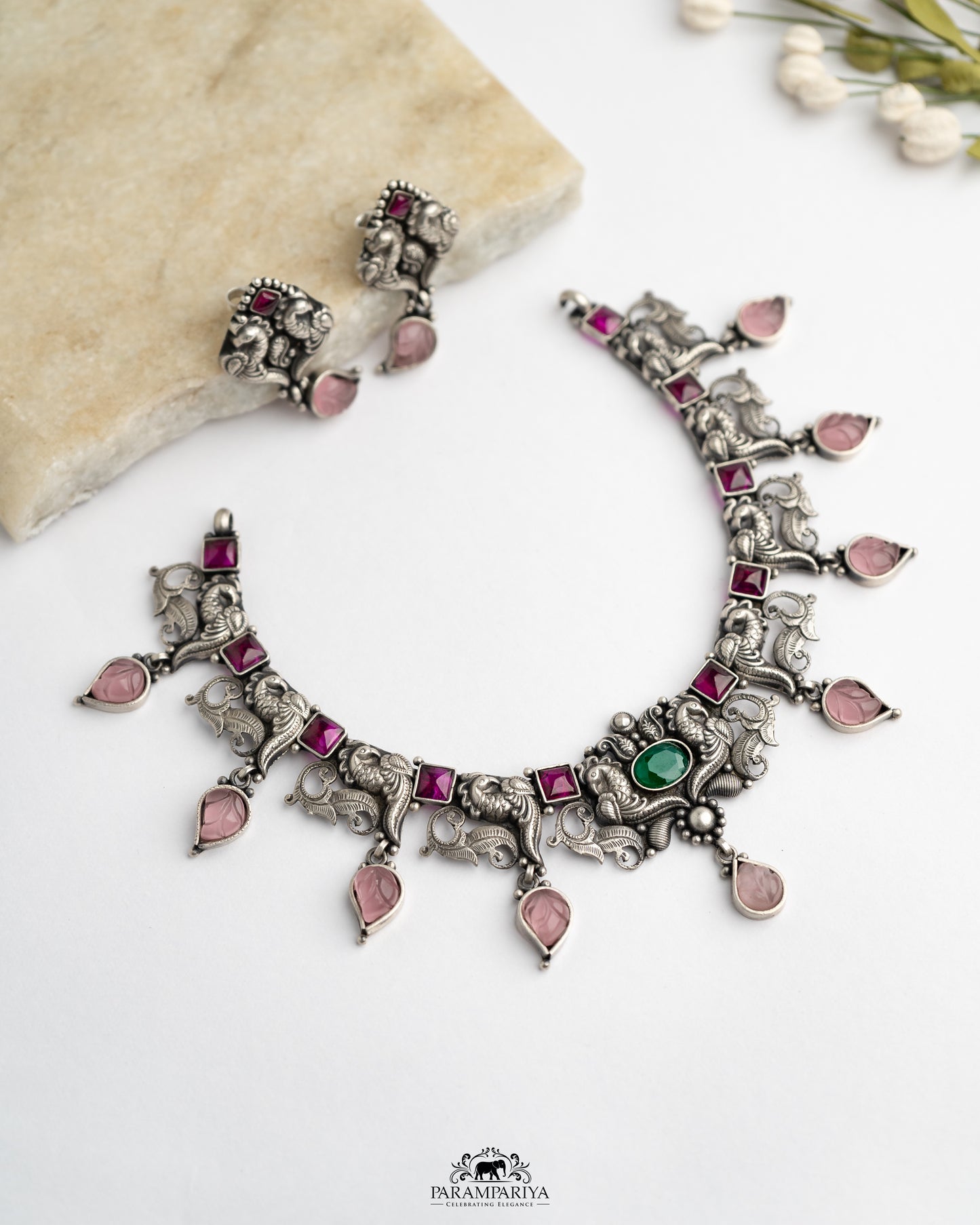 Pastel Hues!!
92.5 pure silver oxidised necklace set.