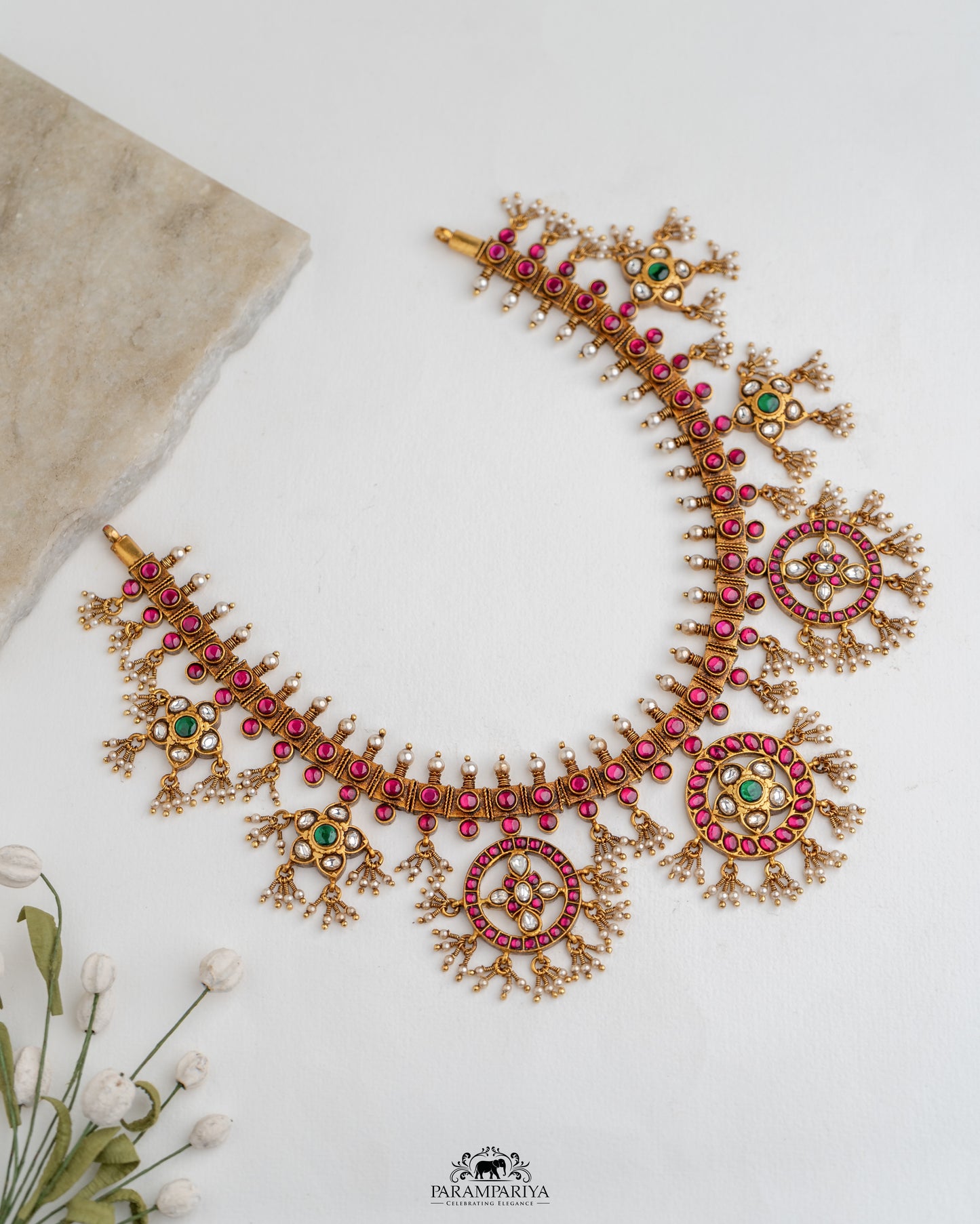 Traditional Hues!!
pure silver micron gold plated antique temple guttapusalu.