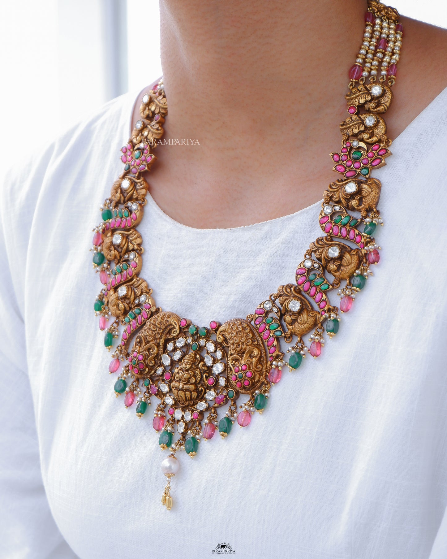 92.5 pure silver gold micron plated nakshi necklace with kundan, moissanite stones and antique pearls
