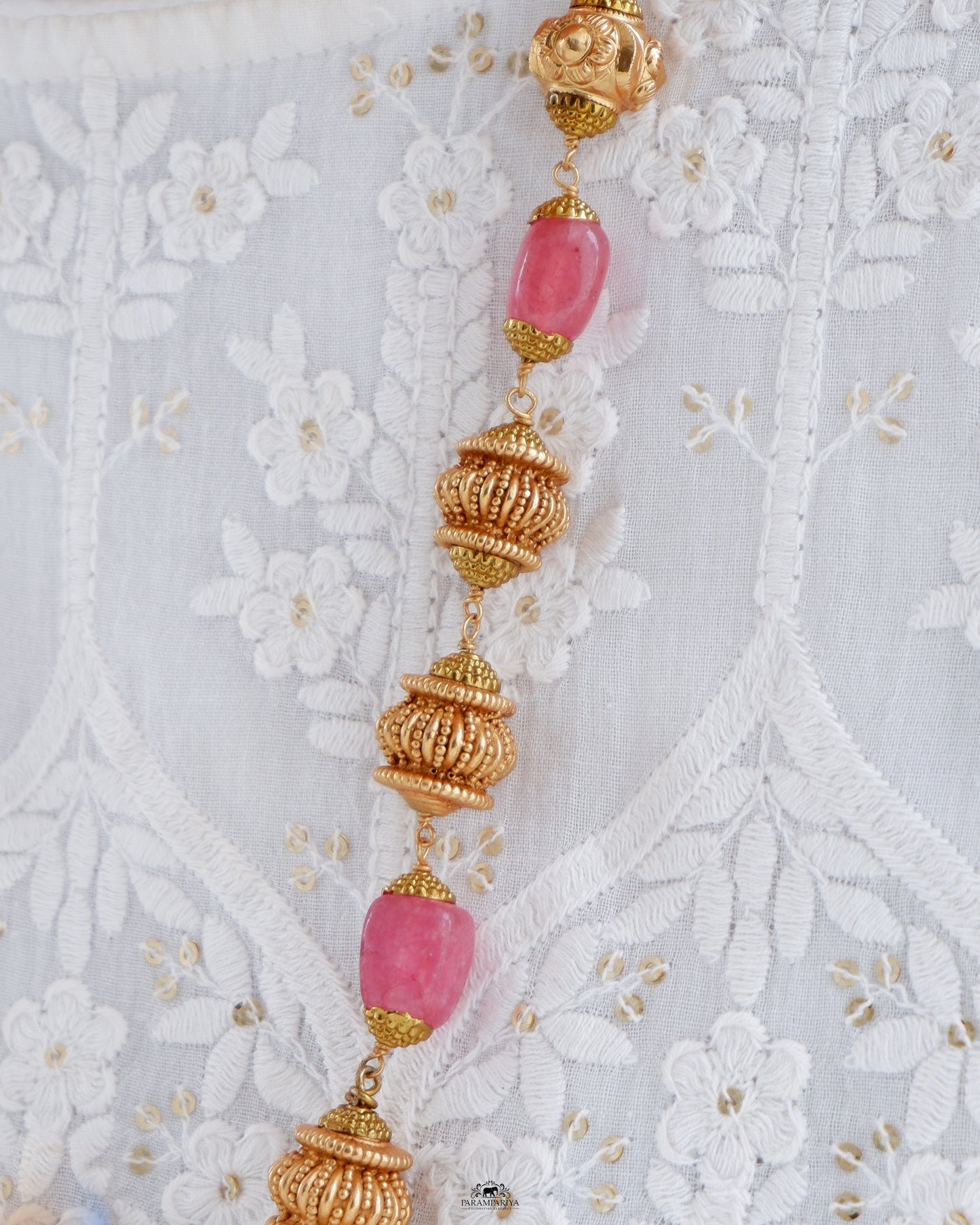 Intricately-crafted temple antique necklace featuring a depiction of Shiv and Paravathi on pure silver with antique gold micron plating, a perfect unisex necklace.