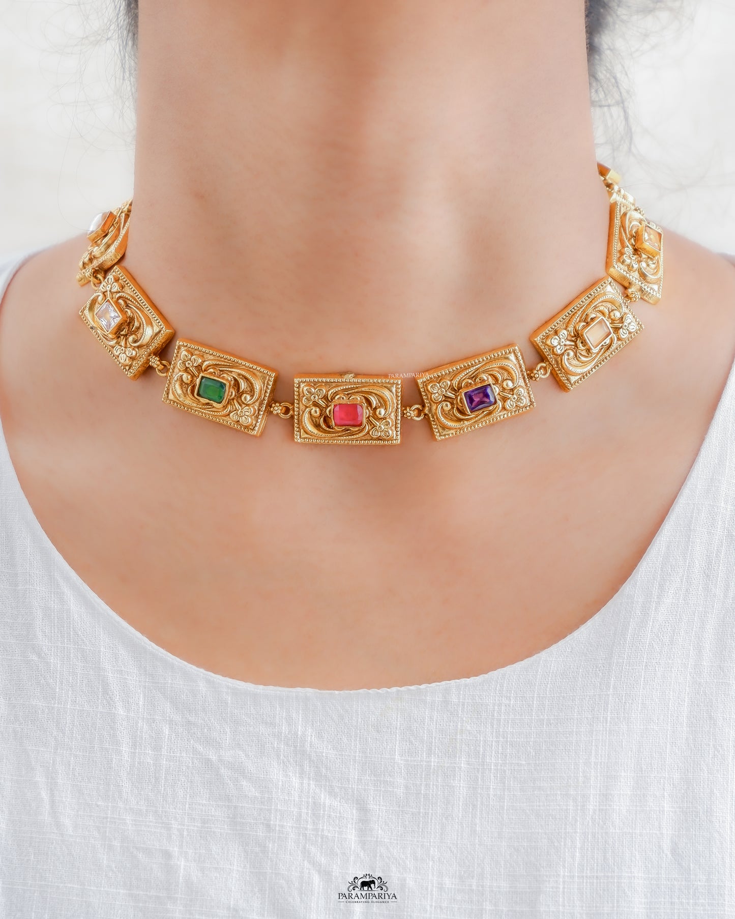 Gold plated pure silver navrathan necklace