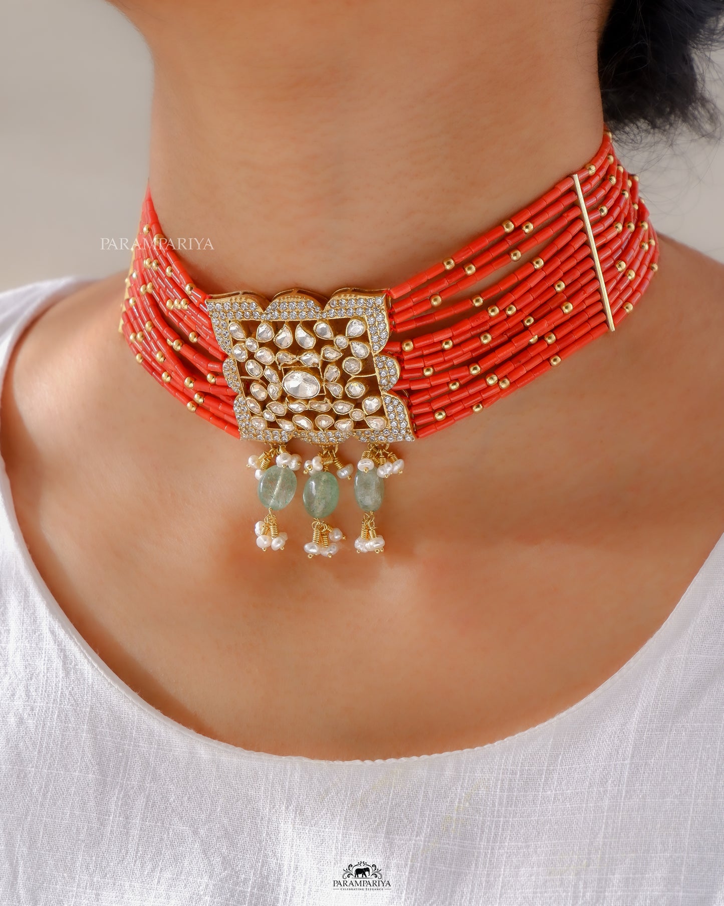 Coral beads choker with moissanite pendant