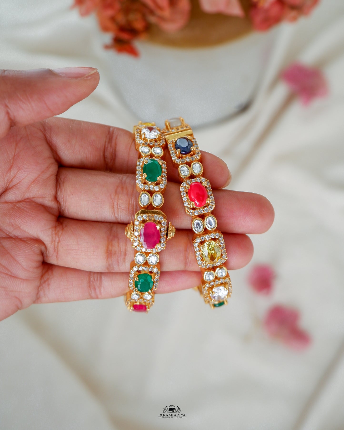 navratna stone gold plated silver bangle