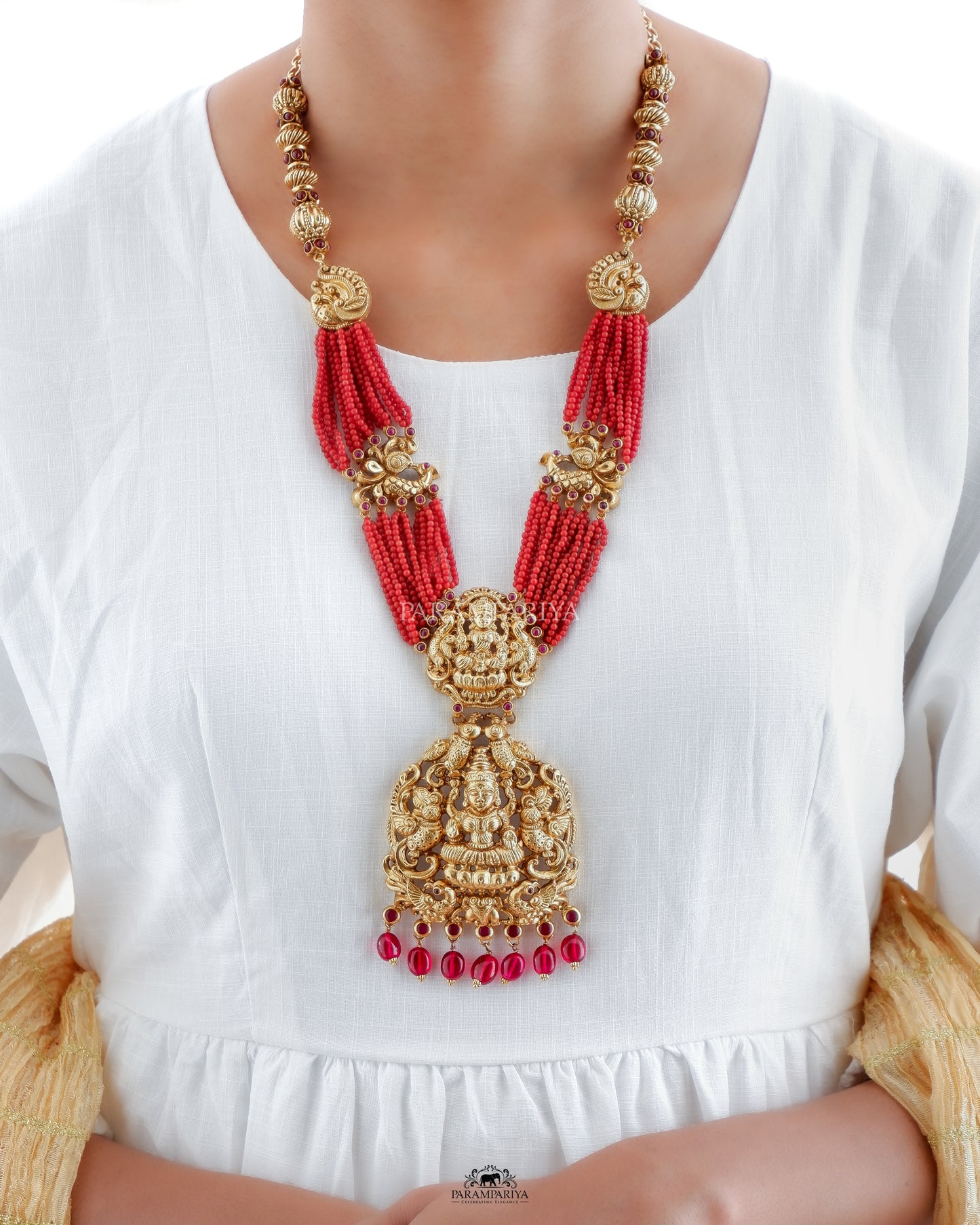 Coral beads silver nakshi temple necklace