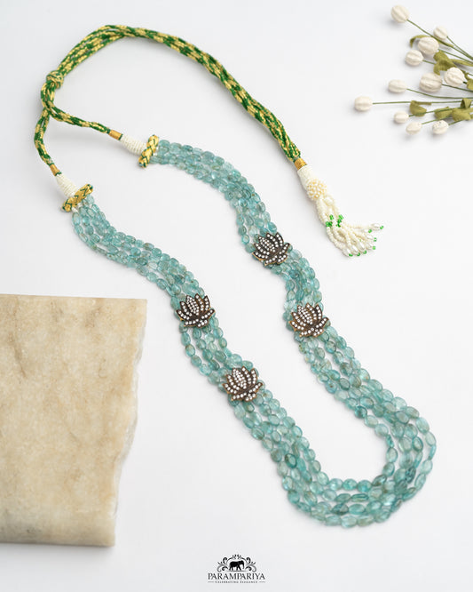 Lotus Charm!!

Aquamarine beads necklace adorned with silver zircon lotus motifs.