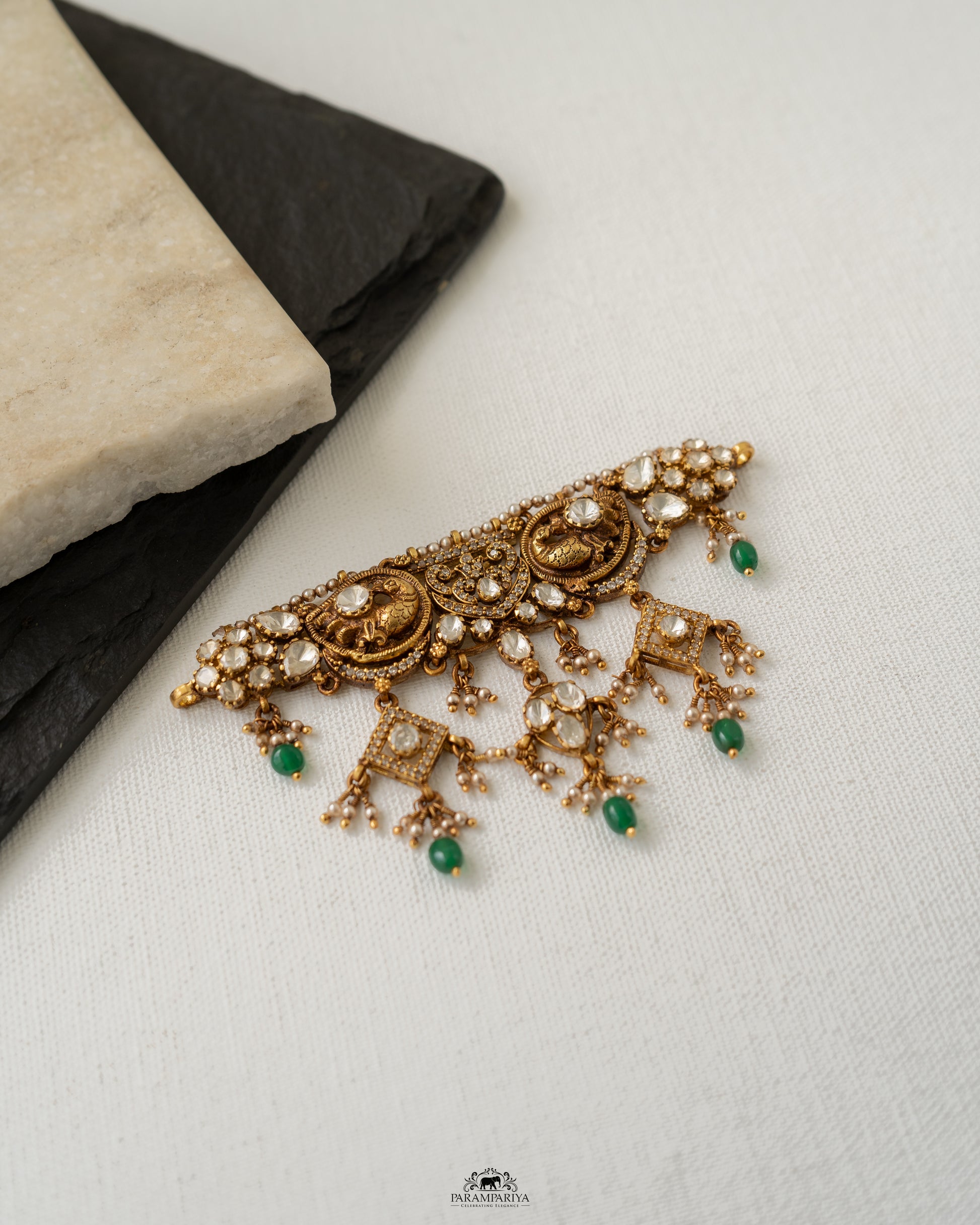 92.5 pure silver micron gold plated temple nakshi choker with moissanite stone. 