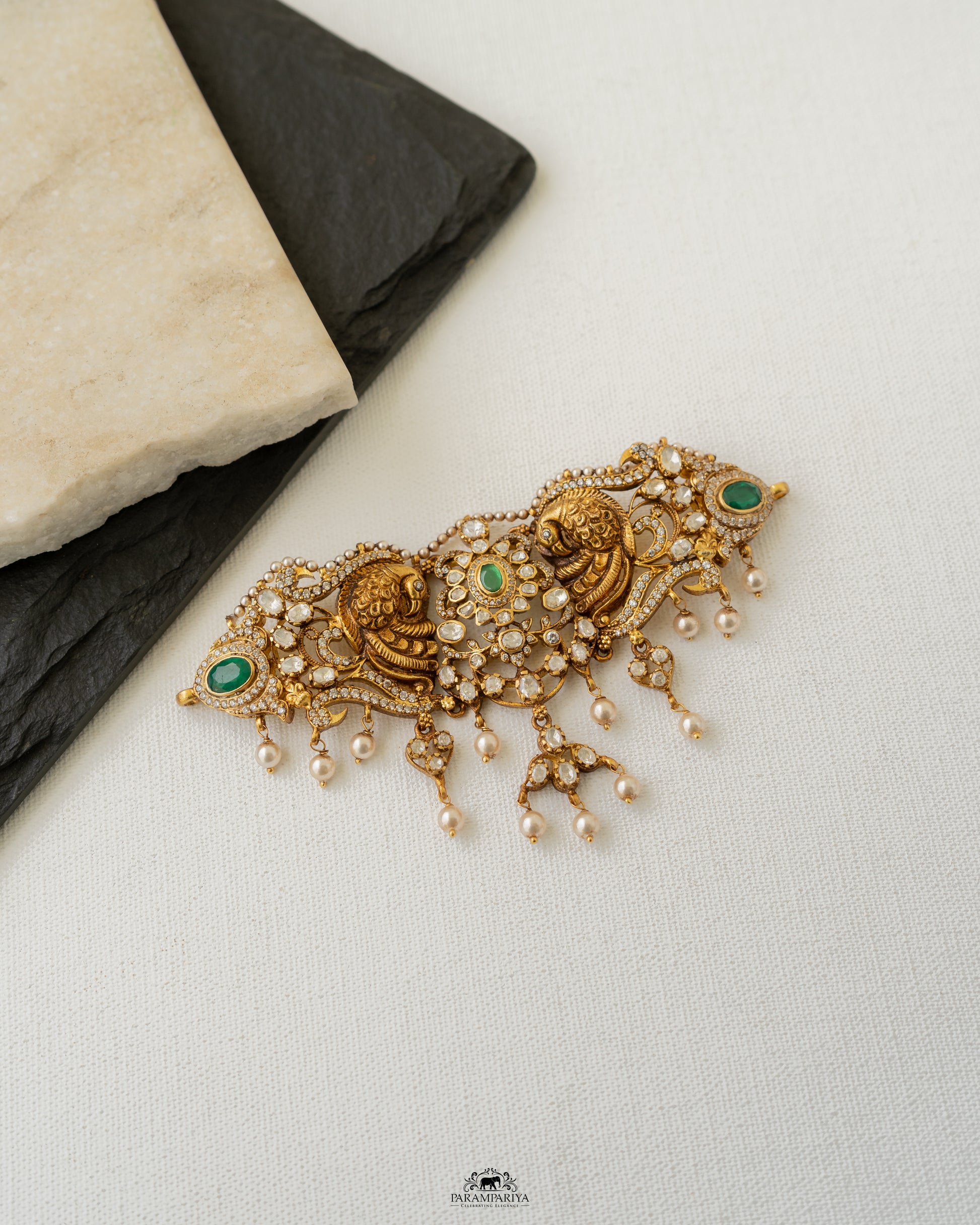 92.5 pure silver micron gold plated temple nakshi choker with moissanite stone. 