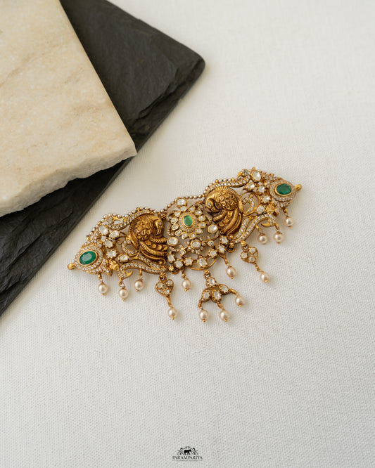 92.5 pure silver micron gold plated temple nakshi choker with moissanite stone. 