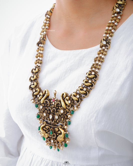 Grandeur 92.5 pure silver gold micron plated nagas necklace adorning moissanite and zircon stones with pearls, a definite antique pick for your special occasions.