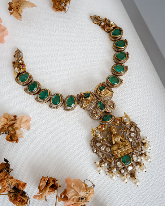 Greening Elegance!!
Exquisite pure silver micron gold plated moissainite necklace with semi precious stones.