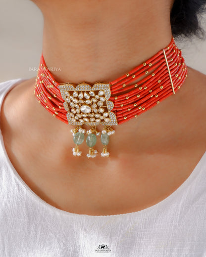 Coral beads choker with moissanite pendant