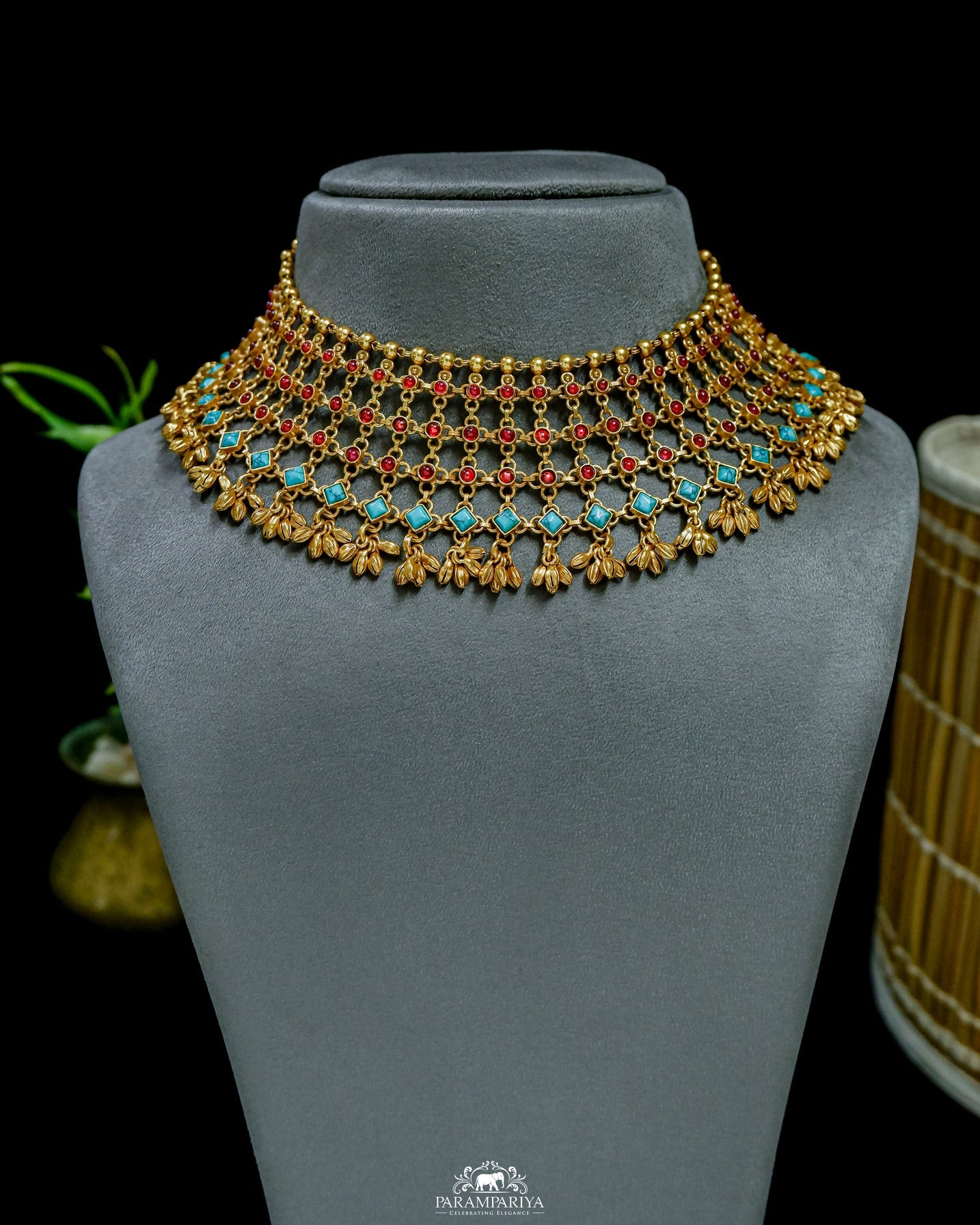 Pure silver micron gold plated necklace with carefully crafted intricate link patterns with semi precious green or pink kemp stones with a touch of turquoise or coral charm.