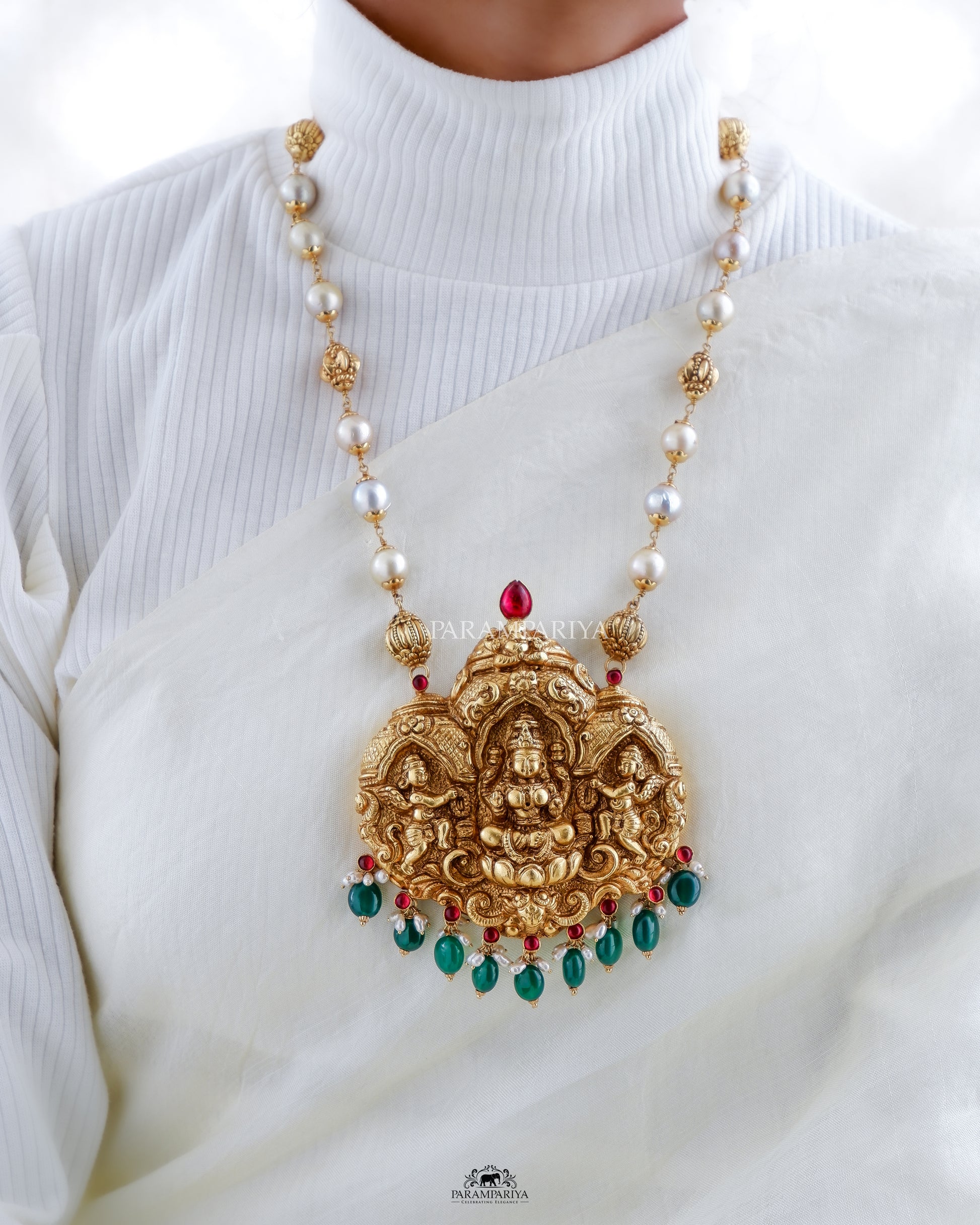 Temple necklace with lakshi pendant beaded with pearls